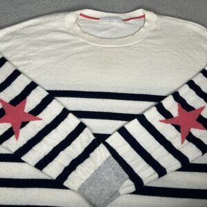 Next Sweater Womens 16 Navy Cream Stripe 100% Cashmere Star Sleeve Crewneck